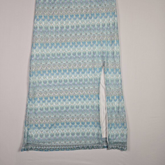 Wild‎ Fable Maxi Halter Dress M Blue Geometric Open Back Tie Slit Y2K Boho Chic - Picture 13 of 15